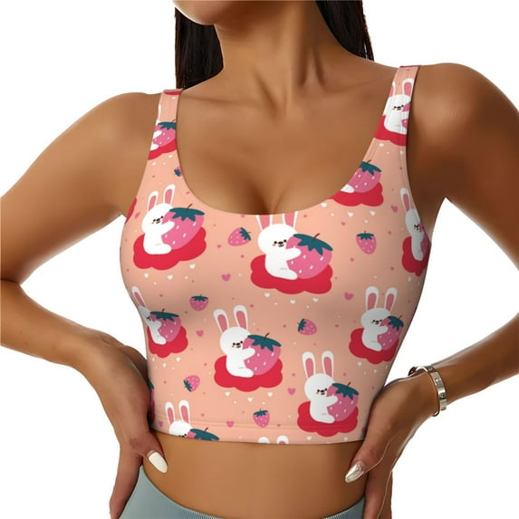 Fotbe Bunny And Strawberry Pattern Womens' Sports Bra Longline Wirefree Padded with Medium Support Sports Moisture-Wicking Workou Vest,Tank Top-XX-Large