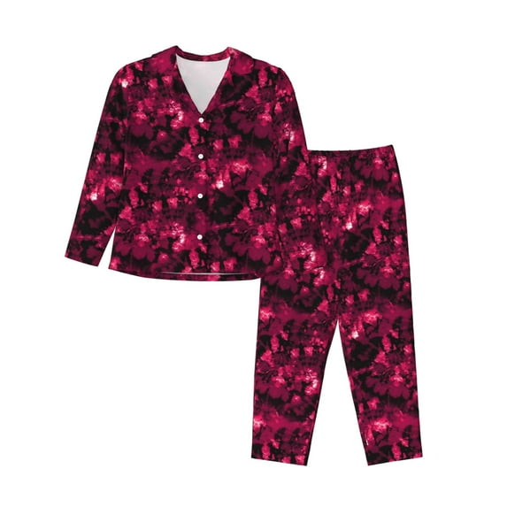 Fotbe Burgundy Tie Dye Pattern Long Sleeve Pajama Set for Women,Sleepwear Set,2-piece Loungewear Set,Soft PJs Comfy Nightwear with Pockets -XX-Large