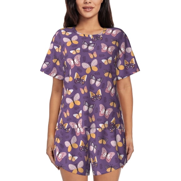 Fotbe Butterflies And Floral Print Pajama Set for Women 2 Piece Loungewear Short Sleeve Tops and Shorts Set Soft Sleepwear-Large