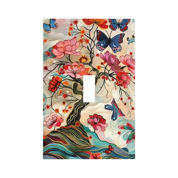 Fotbe Butterflies And Flowers Painting Print Duplex Receptacle Wall Plate, 1-Gang 5.0" x3.0" Wall Outlet Covers, Dual Outlet Faceplates Covers, Color-matched Screws Included-Style T