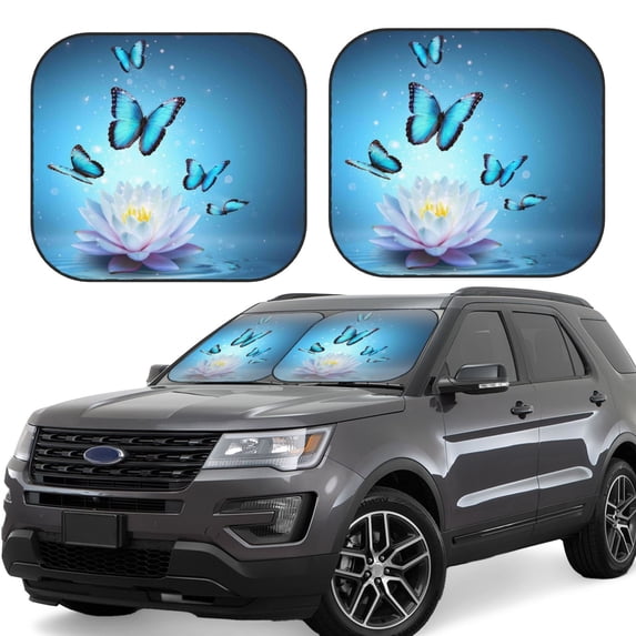 Fotbe Butterflies And Waterlily In Water 2-Piece Car Windshield Sun Shade | Sun Blocker for Car Windshield | Foldable Automotive Interior Accessories for Sun Protection-Medium