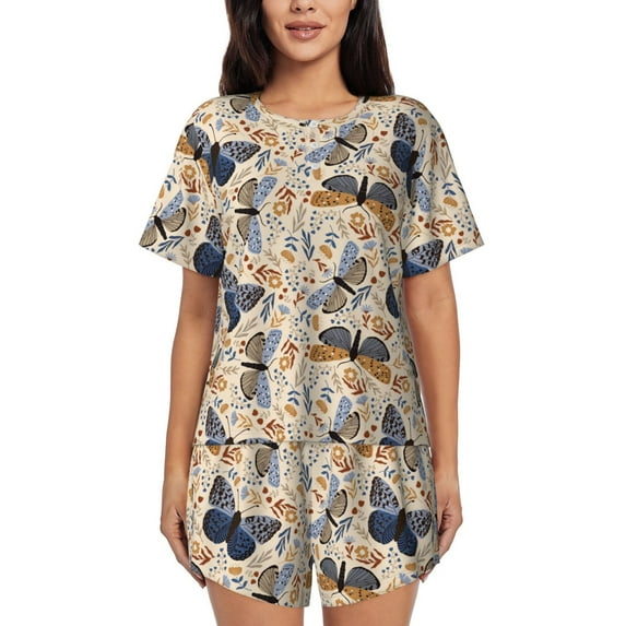 Fotbe Butterflies Print Pajama Set for Women 2 Piece Loungewear Short Sleeve Tops and Shorts Set Soft Sleepwear-Large