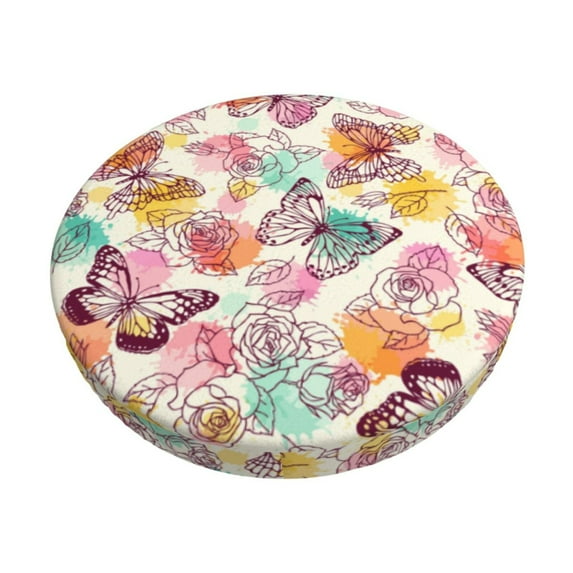 Fotbe Butterflies and Roses Stool Covers Round,Waterproof Round Bar Stool Covers Bar Chair Covers Washable Stool Cushion Slipcover for 12-14 Inch Chair-13 inch