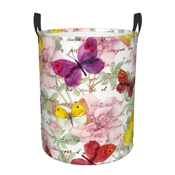 Fotbe Butterflies and Vintage Laundry Basket with Handles, Waterproof Large Laundry Hamper, Wash Bag for Corner Dorm, Rolling Laundry Basket with Handles-Small