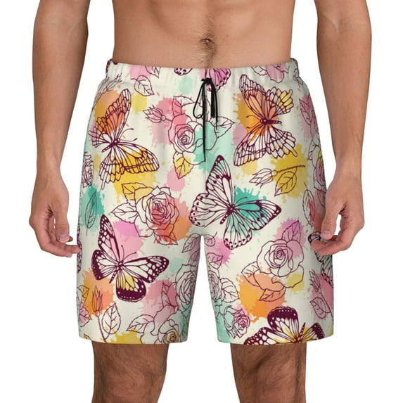 Fotbe Butterflies and Roses Men’s Swim Trunks Quick Dry Swim Shorts Board Shorts with Mesh Lining-Medium