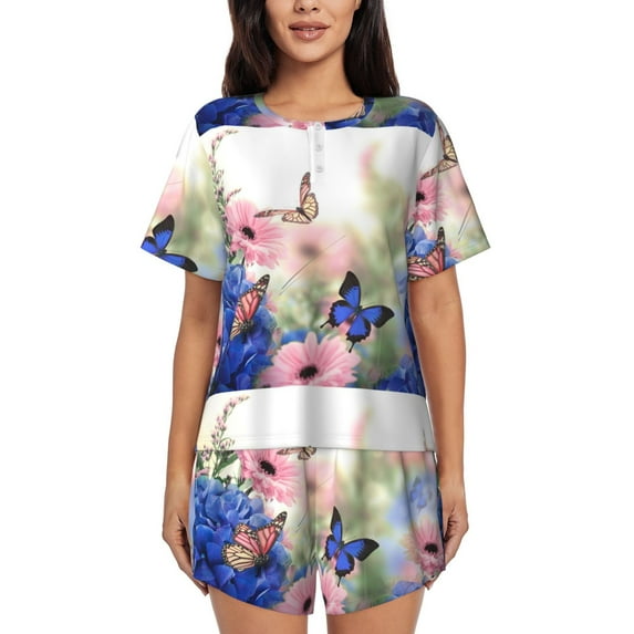 Fotbe Butterfly And Flowers Print Pajama Set for Women 2 Piece Loungewear Short Sleeve Tops and Shorts Set Soft Sleepwear-3X-Large