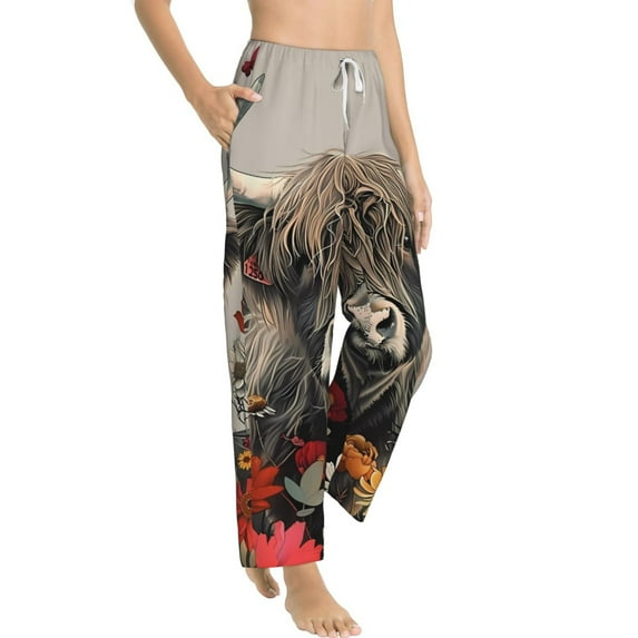 Fotbe Butterfly Cow With Flowers Women's Pajama Pants,Sleepwear Pants,Pj Bottoms Drawstring And Pockets-Large