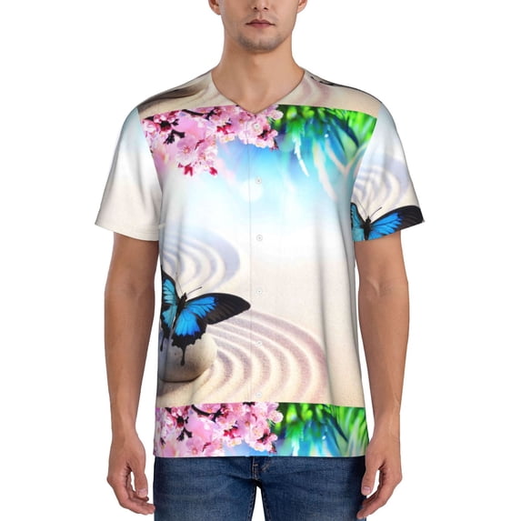 Fotbe Butterfly In Blossoms Zen Baseball Jersey Shirt for Men and Women, Casual Short Sleeves Button Down T-Shirt-4X-Large