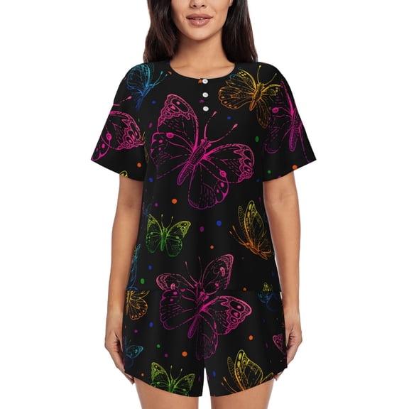 Fotbe Butterfly Print Pajama Set for Women 2 Piece Loungewear Short Sleeve Tops and Shorts Set Soft Sleepwear-Large
