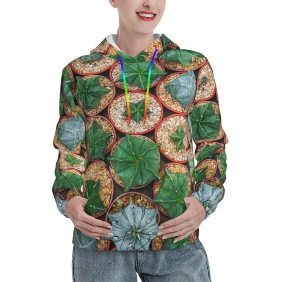 Fotbe Cactus 4 Pattern Womens Long Sleeve Hoodie, Pullover Hooded Sweatshirt, Kangaroo Pocket Hoodie with Eye-catching Drawstrings-Large