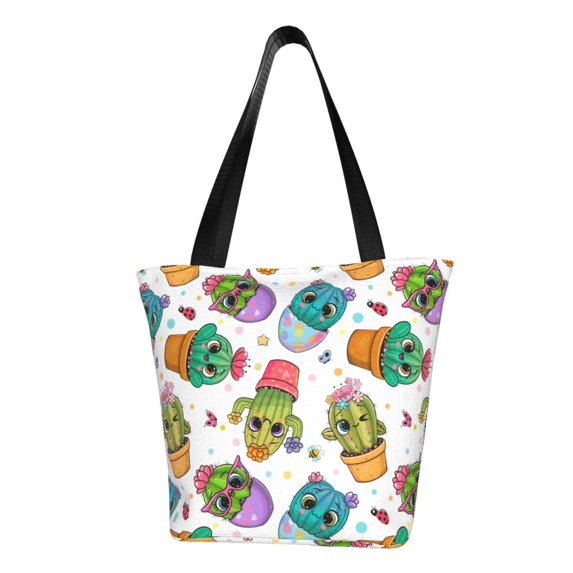 Fotbe Cactus And Insects Pattern Beach Tote,Shoulder Handbag,Spacious Tote Bag,Lightweight Travel Bag,Versatile Shopping Bag