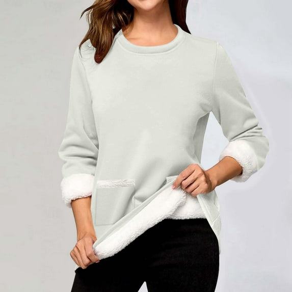 Women's Long Sleeve Round Neck Pocket Solid Color Pullover Sweatshirt With Thick Warm Shirt Winter Top Fuzzy Pullover Women Light Oversized Hoodie Fashion Fall Jacket Pants Outfit Women Casual Long
