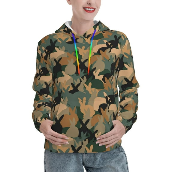 Fotbe Camouflage Rabbit Pattern Womens Long Sleeve Hoodie, Pullover Hooded Sweatshirt, Kangaroo Pocket Hoodie with Eye-catching Drawstrings-X-Large