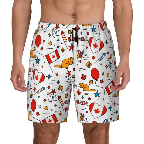 Fotbe Canada Day Men’s Swim Trunks Quick Dry Swim Shorts Board Shorts with Mesh Lining-Large