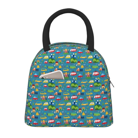 Fotbe Cars Transportation Pattern Lunch Bag, Insulated Lunch Box, Small Leakproof Cooler Food Lunch Containers Reusable High Capacity Lunch Tote Bags for Work, Travel, Outdoor
