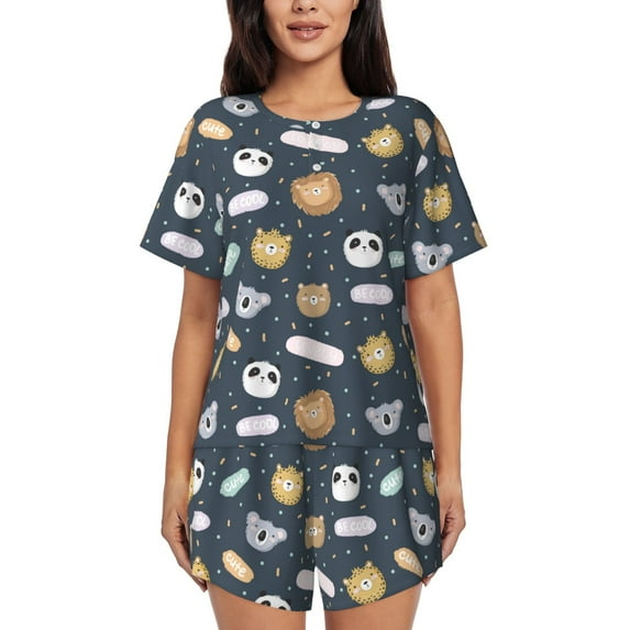 Fotbe Cartoon Animals Print Pajama Set for Women 2 Piece Loungewear Short Sleeve Tops and Shorts Set Soft Sleepwear-Medium