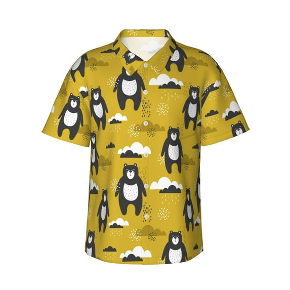 Fotbe Cartoon Bear Yellow Hawaiian Shirt for Men Unisex Summer Beach Casual Short Sleeve Cotton Linen Button Down Shirts-Small
