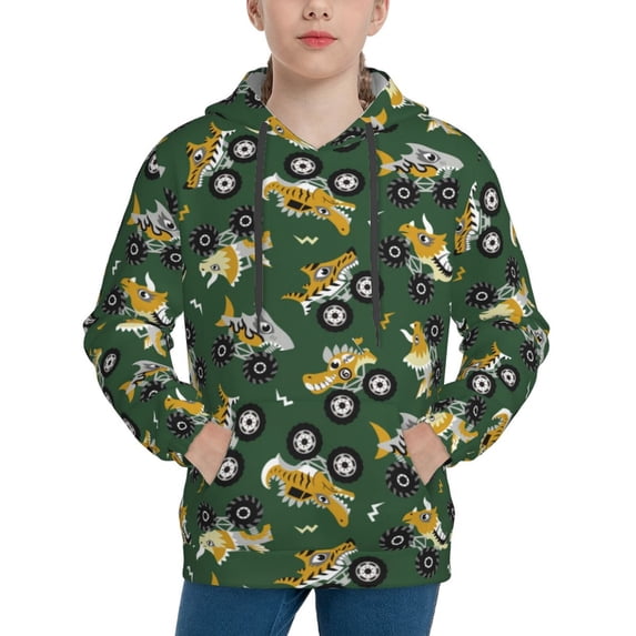 Fotbe Cartoon Car Pattern Youth Pullover Hooded Sweatshirt, Boys Hoodie, Kangaroo Pocket Hoodie for Kids Girls -Medium
