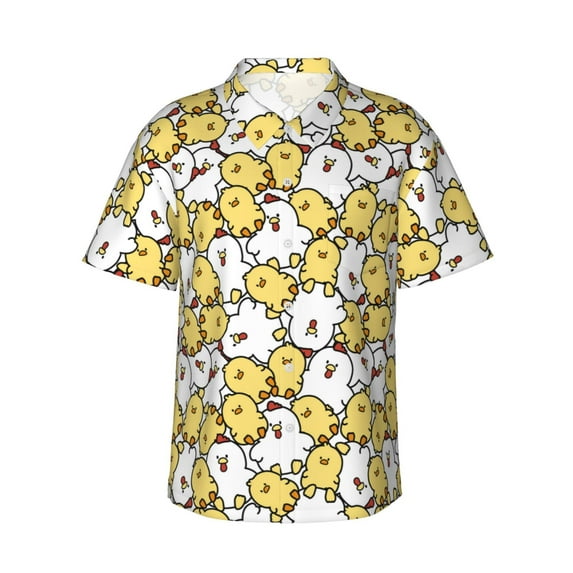 Fotbe Cartoon Chicken Hawaiian Shirt for Men Unisex Summer Beach Casual Short Sleeve Cotton Linen Button Down Shirts-Small