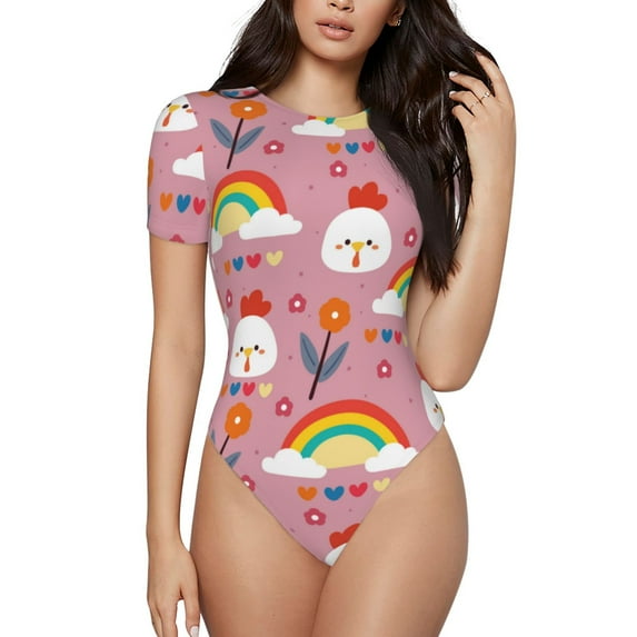 Fotbe Cartoon Chicken Women's Crew Neck Short Sleeves Bodysuit Tops Round Neck Slim Sleeveless Soft Comfortable Basic-X-Large