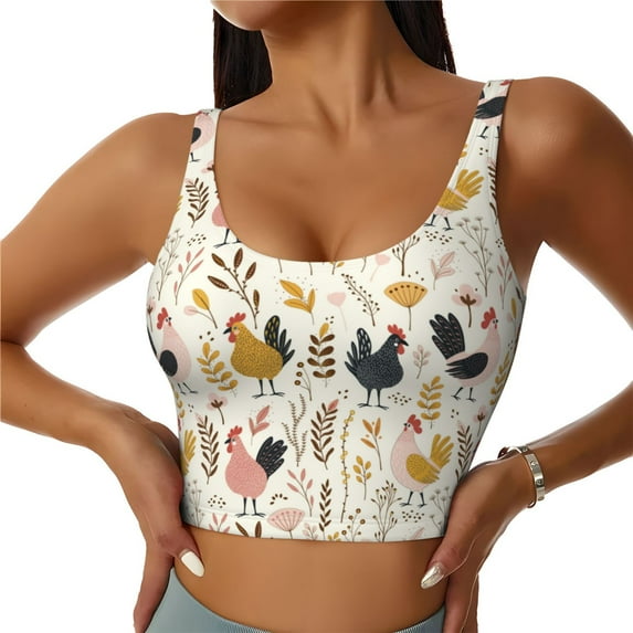 Fotbe Cartoon Chickens Pattern Womens' Sports Bra Longline Wirefree Padded with Medium Support Sports Moisture-Wicking Workou Vest,Tank Top-Medium