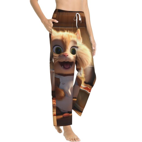 Fotbe Cartoon Cooking Cat Women's Pajama Pants,Sleepwear Pants,Pj Bottoms Drawstring And Pockets-Large