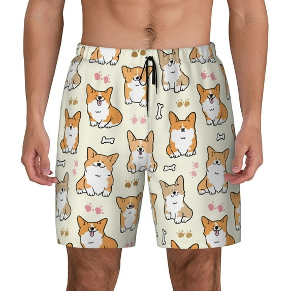 Fotbe Cartoon Corgi Men’s Swim Trunks Quick Dry Swim Shorts Board Shorts with Mesh Lining-Medium