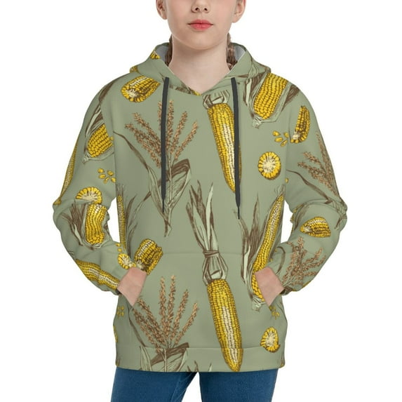 Fotbe Cartoon Corn and Wheat Pattern Youth Pullover Hooded Sweatshirt, Boys Hoodie, Kangaroo Pocket Hoodie for Kids Girls -X-Large