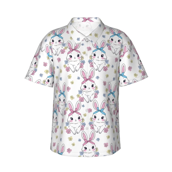 Fotbe Cartoon Cute Rabbit Hawaiian Shirt for Men Unisex Summer Beach Casual Short Sleeve Cotton Linen Button Down Shirts-Small
