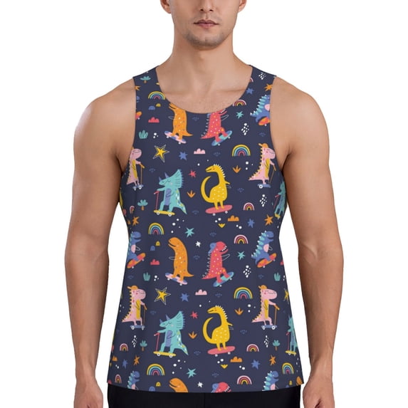 Fotbe Cartoon Dinosaur Pattern Men's Quick Dry Workout Tank Top Gym Muscle Tee Fitness Bodybuilding Sleeveless T Shirt Breathable Workout Shirt-X-Large
