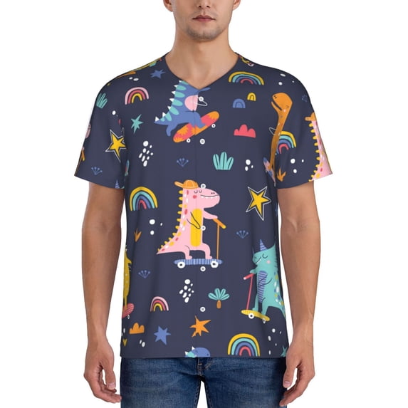 Fotbe Cartoon Dinosaur Scooter Sport Blue Baseball Jersey Shirt for Men and Women, Casual Short Sleeves Button Down T-Shirt-4X-Large