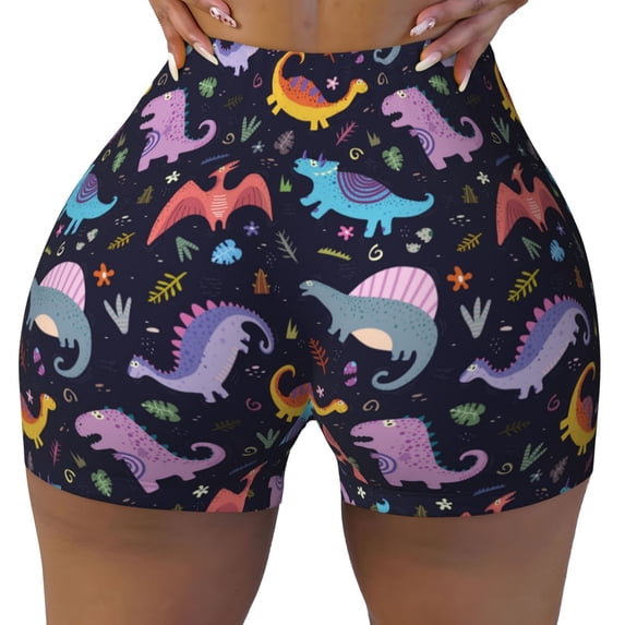 Fotbe Cartoon Dinosaur Seamless Shorts, Womens Workout Shorts High Waist Stretch Booty Short for Gym/Yoga/Running/Biking-X-Large