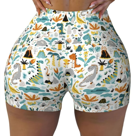 Fotbe Cartoon Dinosaur Seamless Shorts, Womens Workout Shorts High Waist Stretch Booty Short for Gym/Yoga/Running/Biking-X-Large
