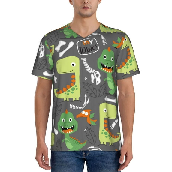 Fotbe Cartoon Dinosaurs Baseball Jersey Shirt for Men and Women, Casual Short Sleeves Button Down T-Shirt-4X-Large