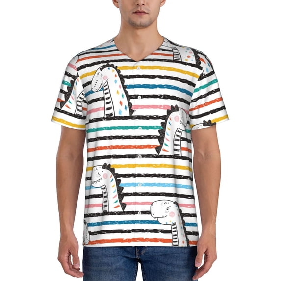 Fotbe Cartoon Dinosaurs Baseball Jersey Shirt for Men and Women, Casual Short Sleeves Button Down T-Shirt-Large