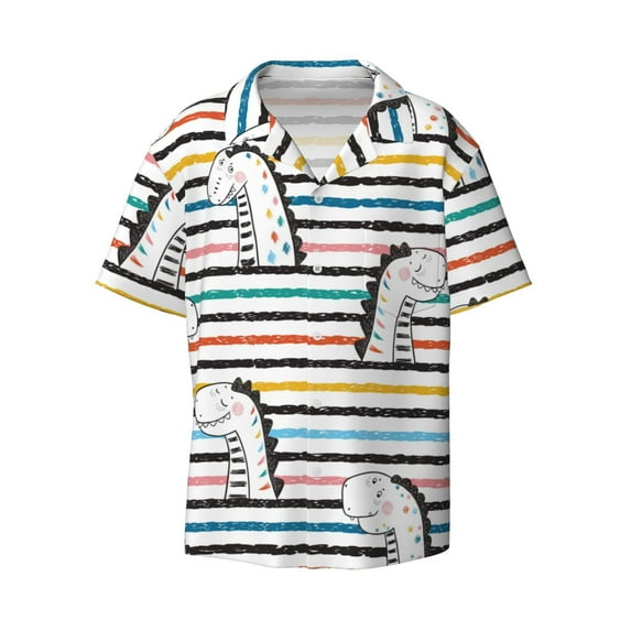 Fotbe Cartoon Dinosaurs print Short Sleeve Button Down Shirts for Men Casual Summer Beach Wrinkle Free Shirt-Large