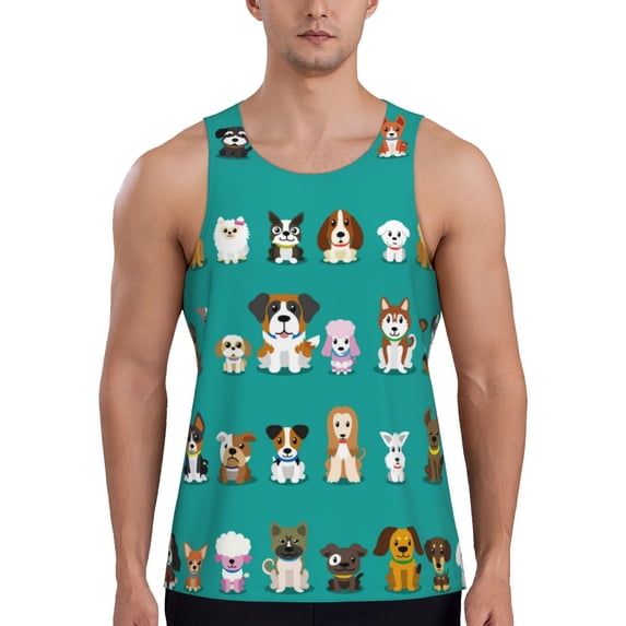 Fotbe Cartoon Dogs Pattern Men's Quick Dry Workout Tank Top Gym Muscle Tee Fitness Bodybuilding Sleeveless T Shirt Breathable Workout Shirt-Small