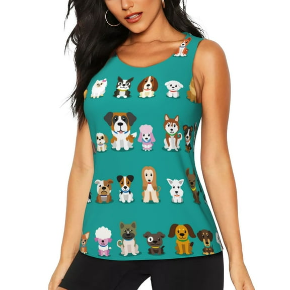 Fotbe Cartoon Dogs Womens Loose Fit Casual Flowy Slim-Fit Tank Tops Athletic Round Neck Trendy Sleeveless Summer Tops for Gym and Yoga-Medium