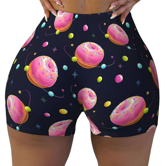 Fotbe Cartoon Donut Planets Seamless Shorts, Womens Workout Shorts High Waist Stretch Booty Short for Gym/Yoga/Running/Biking-X-Large