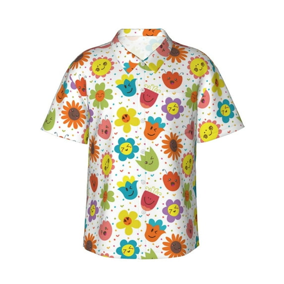 Fotbe Cartoon Flowers Hawaiian Shirt for Men Unisex Summer Beach Casual Short Sleeve Cotton Linen Button Down Shirts-X-Large
