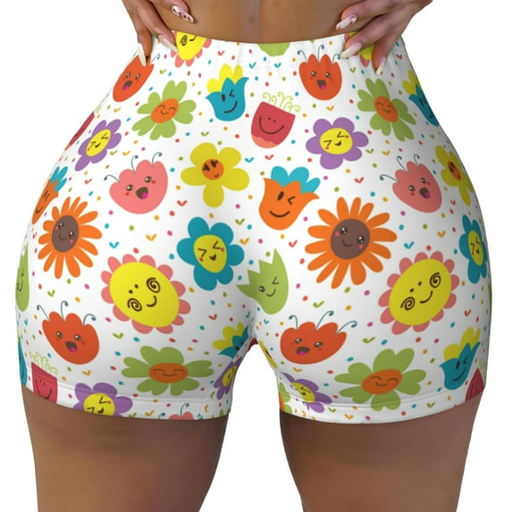 Fotbe Cartoon Flowers Seamless Shorts, Womens Workout Shorts High Waist Stretch Booty Short for Gym/Yoga/Running/Biking-Large