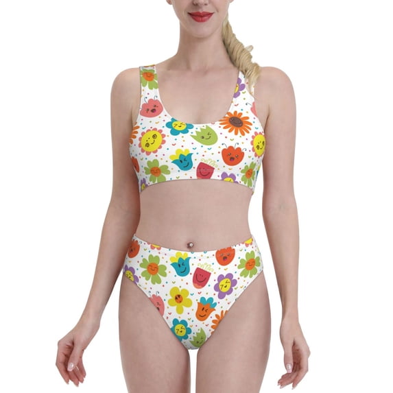 Fotbe Cartoon Flowers Women's High Waisted Bikini Tankini Sets Two Piece Bathing Suits High Cut Scoop Neck Swimsuit-Small