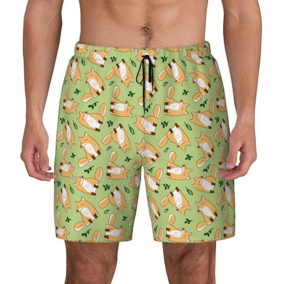 Fotbe Cartoon Fox 2 Men’s Swim Trunks Quick Dry Swim Shorts Board Shorts with Mesh Lining-Medium