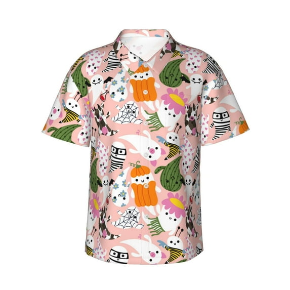 Fotbe Cartoon Halloween Hawaiian Shirt for Men Unisex Summer Beach Casual Short Sleeve Cotton Linen Button Down Shirts-XX-Large
