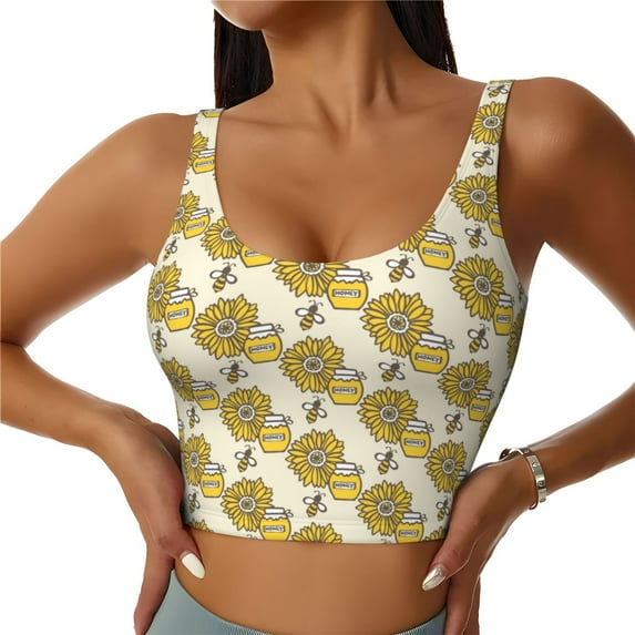 Fotbe Cartoon Honey Pot Bee Sunflower Pattern Womens' Sports Bra Longline Wirefree Padded with Medium Support Sports Moisture-Wicking Workou Vest,Tank Top-Large