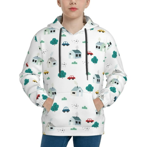 Fotbe Cartoon House Car Pattern Youth Pullover Hooded Sweatshirt, Boys Hoodie, Kangaroo Pocket Hoodie for Kids Girls -X-Large