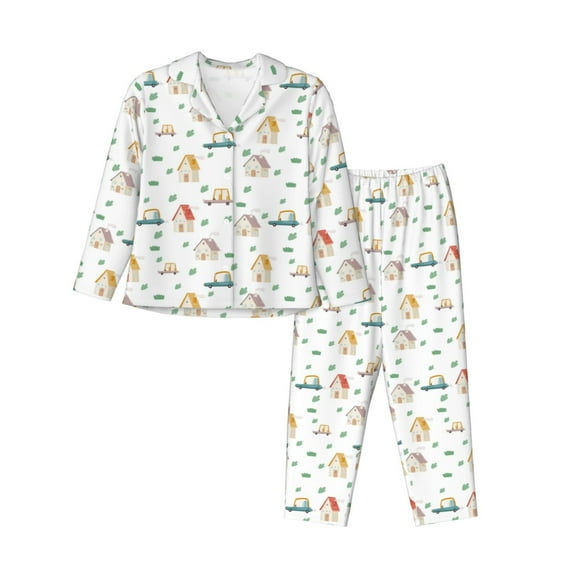 Fotbe Cartoon House Pattern Long Sleeve Pajama Set for Women,Sleepwear Set,2-piece Loungewear Set,Soft PJs Comfy Nightwear with Pockets -XX-Large