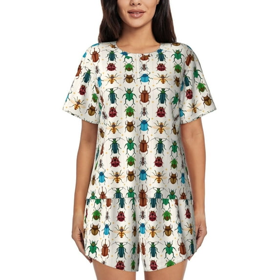 Fotbe Cartoon Insects Print Pajama Set for Women 2 Piece Loungewear Short Sleeve Tops and Shorts Set Soft Sleepwear-4X-Large
