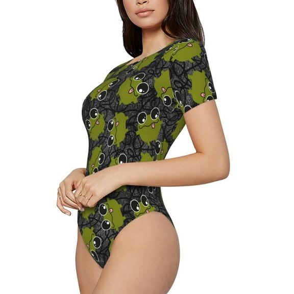 Fotbe Cartoon Kawaii Frogs1 Women's Crew Neck Short Sleeves Bodysuit Tops Round Neck Slim Sleeveless Soft Comfortable Basic-X-Large