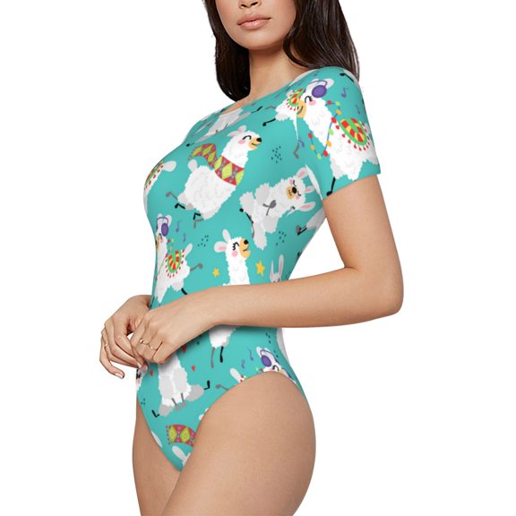 Fotbe Cartoon Llamas Women's Crew Neck Short Sleeves Bodysuit Tops Round Neck Slim Sleeveless Soft Comfortable Basic-Large